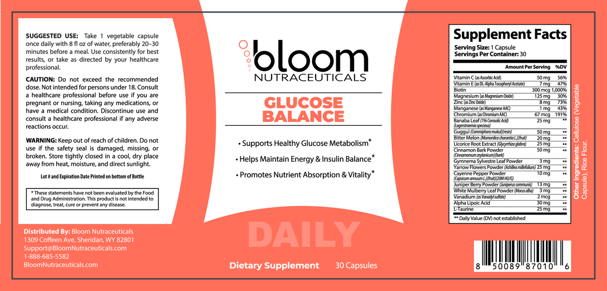 Bloom Glucose Balance 30 Count — Supplement Facts label