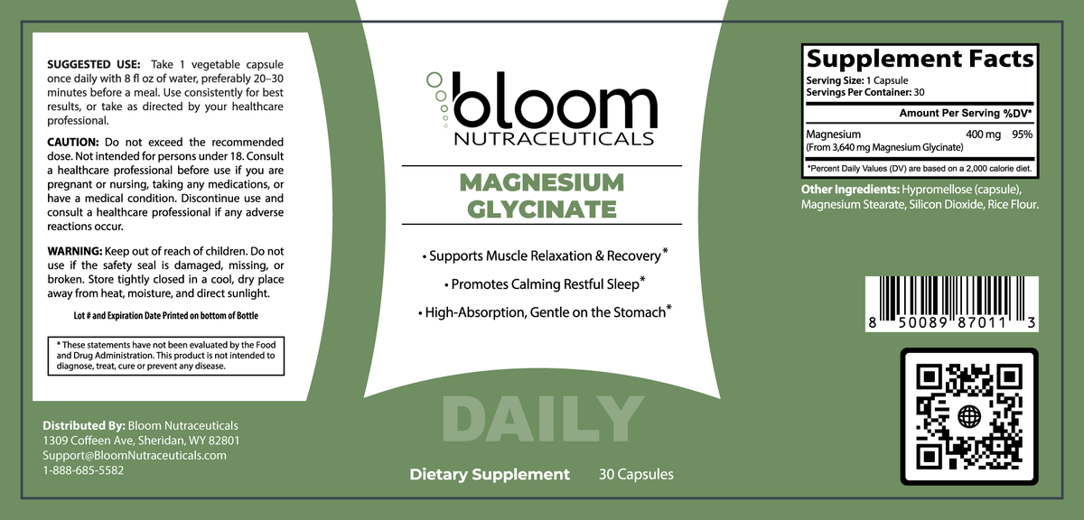 Bloom Magnesium Glycinate 30 Count — Supplement Facts label